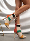 Women's Classic Style Orange Color-Blocked Stiletto Ankle Boots with Cross Straps and Back Zip