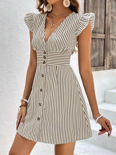 Striped Print Button-Front Dress with Ruffle Trim and Butterfly Sleeves