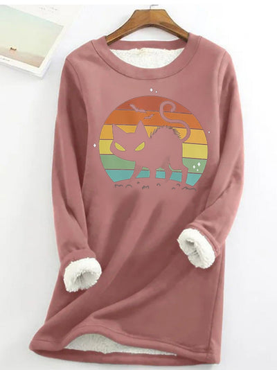 Spooky Chic: Halloween Cat Print Sweatshirt - Casual Long Sleeve Crew Neck Thermal Sweatshirt for Women's Clothing