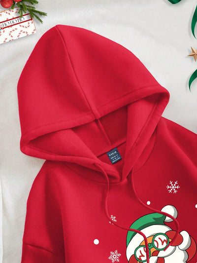 Stay Cozy in Style: Christmas Print Kangaroo Pocket Drawstring Thermal Hoodie