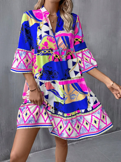 Geo Print Flounce Sleeve Ruffle Hem Smock Dress