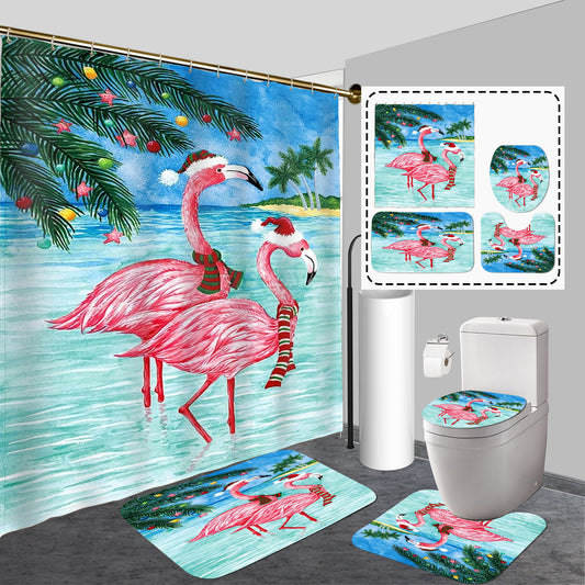 Transform your bathroom décor with the Hawaiian Flamingos Ocean Beach Shower Curtain Set: Merry Christmas Edition. This set includes 4 colorful curtains, rugs, and accessories, bringing a vibrant touch to your space. Enjoy a festive and stylish bathroom with this unique and fun set.