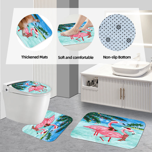 Hawaiian Flamingos Ocean Beach Shower Curtain Set: Merry Christmas Edition - Transform your Bathroom Décor with 4pcs of Colorful Curtains, Rugs, and Accessories