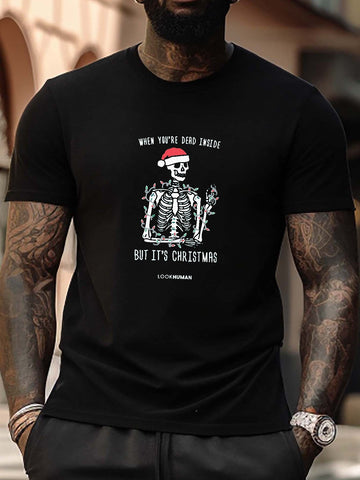 Get Festive with our Funny Christmas Skull Pattern Men's T-Shirt - Perfect for Summer Outdoor, Trendy Graphic Crew Neck Tops!