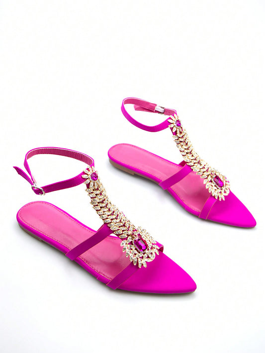 Women's Chic Rhinestone Party Flat Sandals with Chain Buckle Decoration