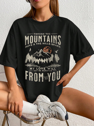 This classic Essence Mountain Love: Graphic Drop Shoulder Tee is a must-have for any wardrobe. The comfortable drop shoulder design and stylish graphic print make it perfect for casual or athletic wear. Made with high-quality materials, it's durable and easy to care for. Upgrade your style and show off your love for the mountains with this trendy tee.