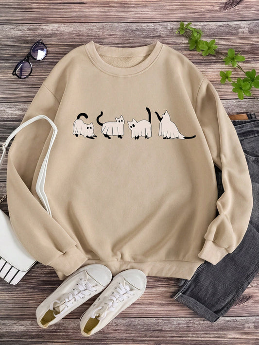 The Cozy and Cute: Plus Cartoon Graphic Thermal-Lined Sweatshirt is perfect for cooler weather. The thermal-lined fabric is warm and comfortable, and the cartoon graphics add a fun touch to any outfit..