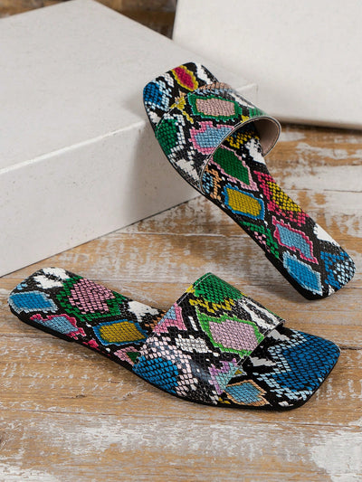 Bold Colored Snake Print Flat Sandals: Elevate Your Fashion Game with Trendy Footwear