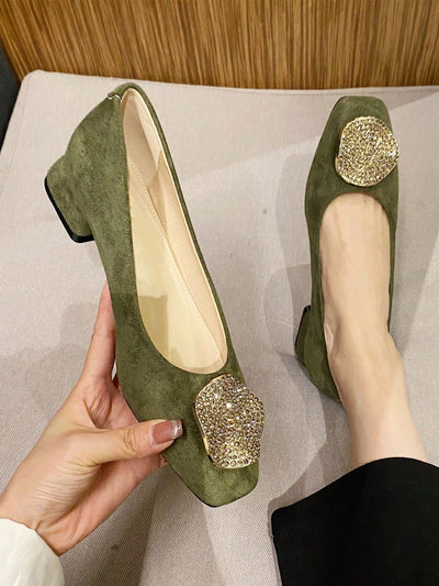 Golden Velvet Glam: Rhinestone Buckle Square Toe Chunky Heel Flats