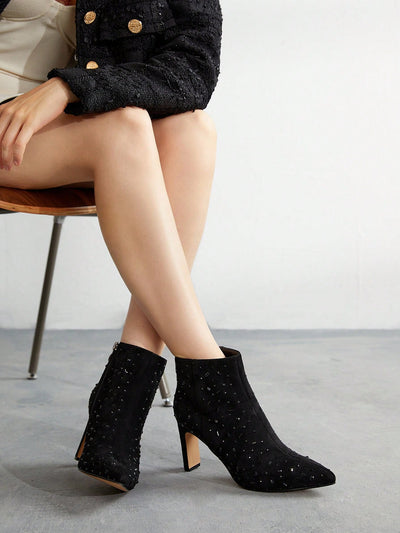 Sparkle in Style: Black Rhinestone Studded High Heel Ankle Boots