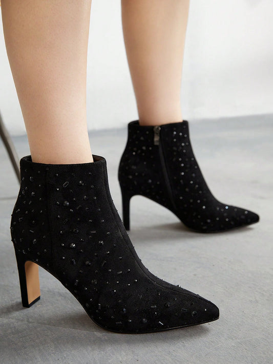 Sparkle in Style: Black Rhinestone Studded High Heel Ankle Boots