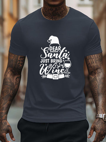 Stay Festive and Stylish with our Santa Wine Christmas Letter Pattern Men's Trendy T-Shirt for Summer Outdoor Gatherings