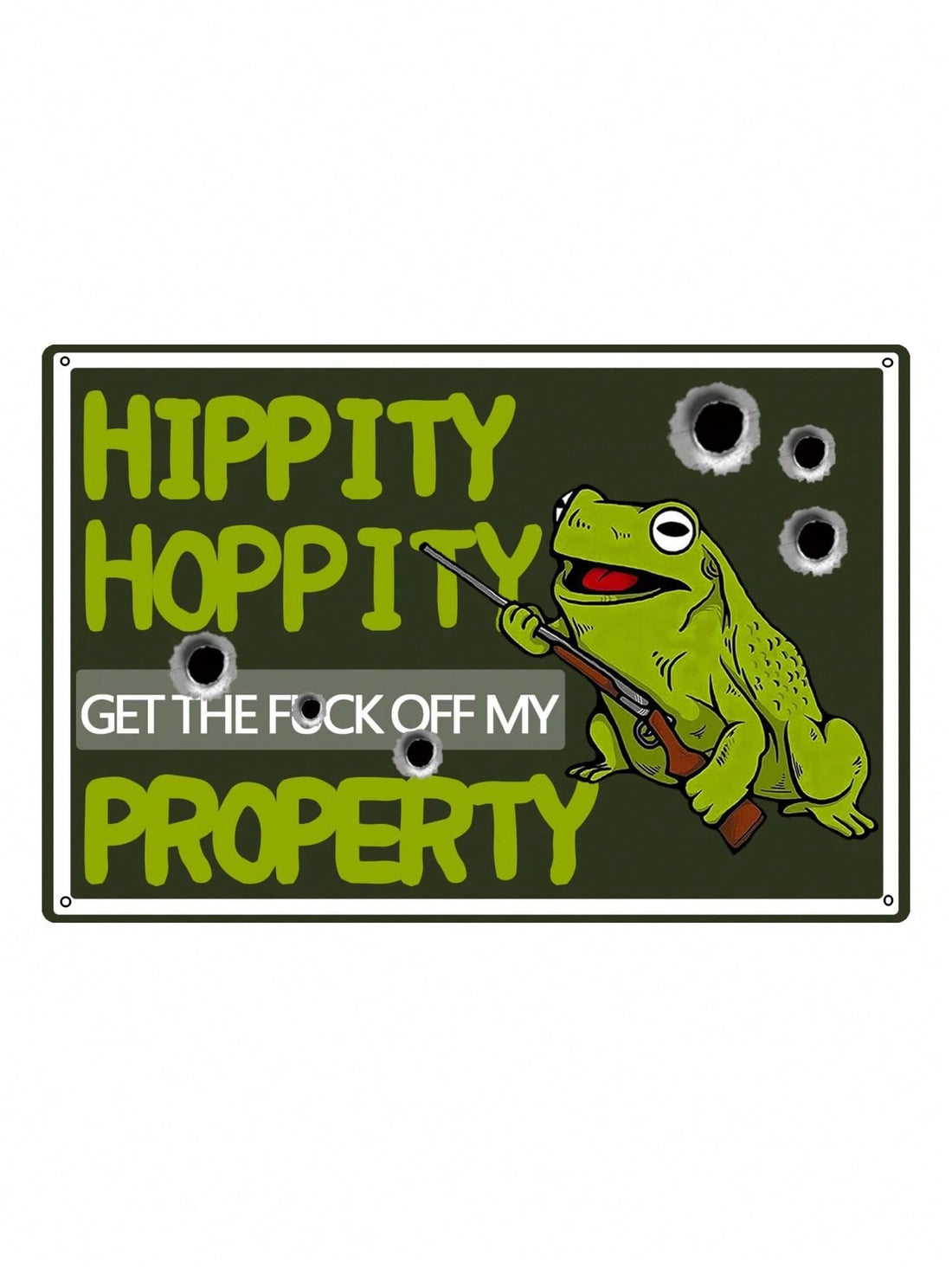 "Add some personality to your home with our Frog Get Off My Property" Novelty Metal Tin Sign. Made with durable metal, this unique decoration is sure to stand the test of time. Show your love for frogs and keep unwanted visitors away with this one-of-a-kind sign.