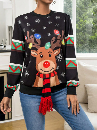 Cozy Christmas Vibes: Festive Print Tassel Sweatshirt