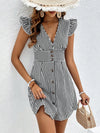 Striped Print Button-Front Dress with Ruffle Trim and Butterfly Sleeves