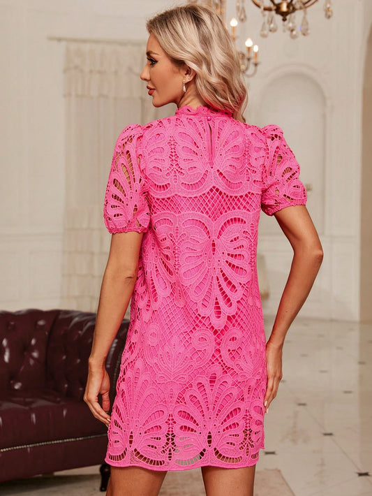 Chic Elegance: Guipure Lace Puff Sleeve Tunic Dress