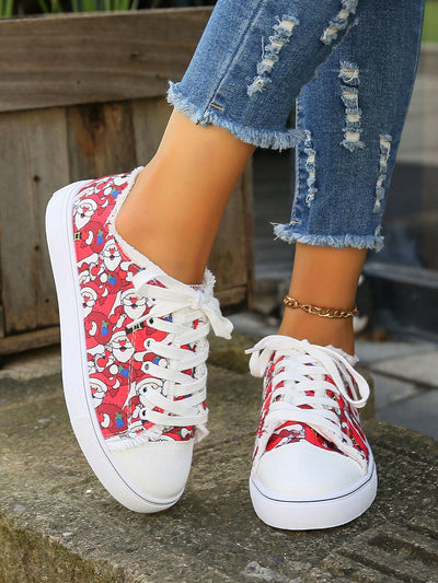 Christmas Red Printed Canvas Sneakers: Stylish and Comfortable Casual Shoes for Spring and Autumn Seasons
