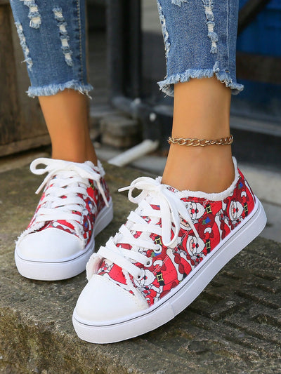 Christmas Red Printed Canvas Sneakers: Stylish and Comfortable Casual Shoes for Spring and Autumn Seasons