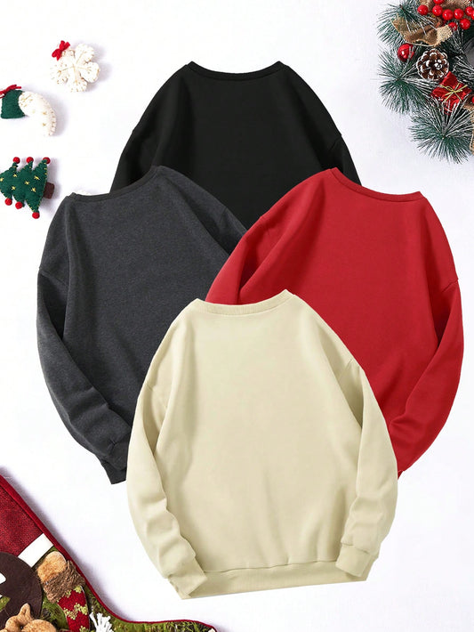 Cozy and Festive: 4pcs Christmas Print Drop Shoulder Sweatshirt