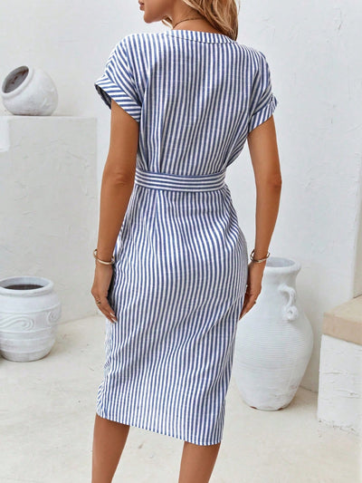 Chic and Playful: Striped Print Batwing Sleeve Belted Dress