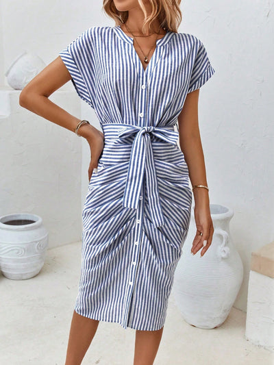 Chic and Playful: Striped Print Batwing Sleeve Belted Dress