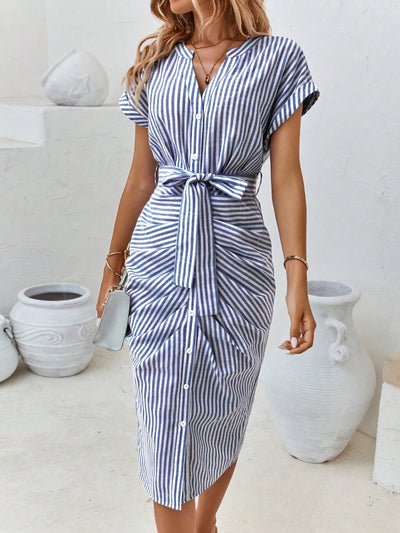 Chic and Playful: Striped Print Batwing Sleeve Belted Dress