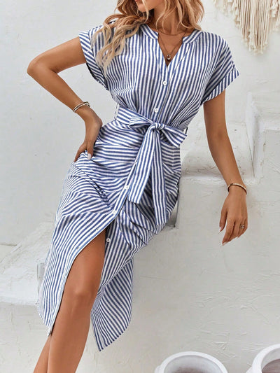 Chic and Playful: Striped Print Batwing Sleeve Belted Dress