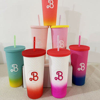 22oz B Letter Matte Studded Tumbler With Lid And Straw, Studded Cup Cool Water Tumbler For Ice Coffee Travel Mug Leak-Proof & BPA Free Insulated Tumbler