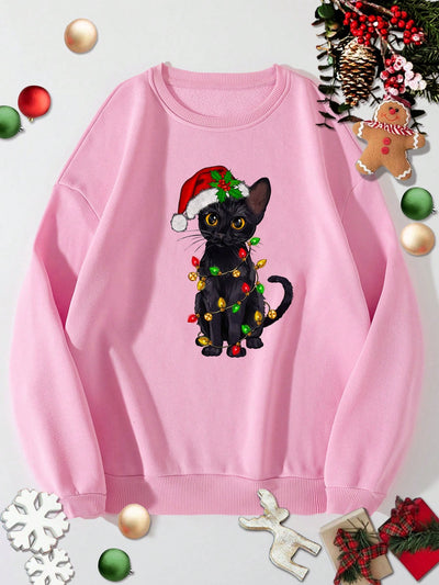 Festive Feline Fun: Christmas Cat Print Thermal-Lined Sweatshirt