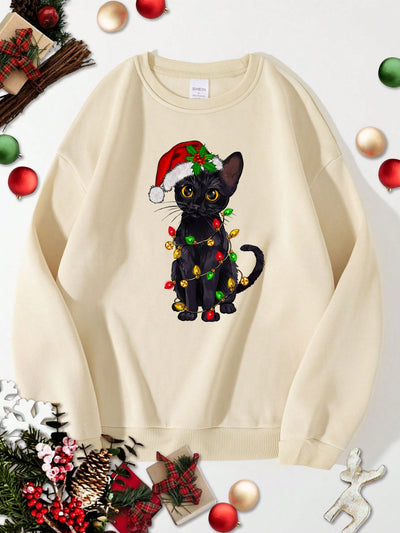 Festive Feline Fun: Christmas Cat Print Thermal-Lined Sweatshirt