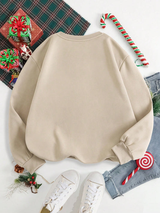 Festive Cheer: Christmas Heart Print Thermal-Lined Sweatshirt for Cozy Holiday Style