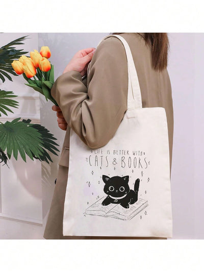 Versatile Cat and Book Printed Shoulder Bag: A Stylish and Eco-Friendly Shopping Companion for Every Occasion