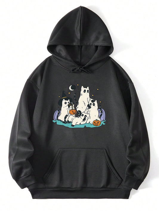 Elevate your Halloween style with our Spooky Style: Plus Halloween Print Kangaroo Pocket Drawstring Hoodie. Stay warm and comfortable with its drawstring hood and convenient kangaroo pocket. This hoodie features a unique and fun Halloween print, perfect for any spooky occasion.