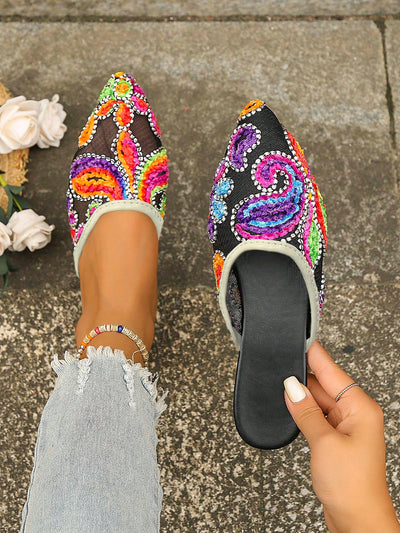 Chic Colorblock Embroidery Detail Point Toe Flat Mules for Women