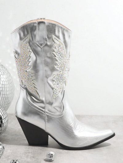 Shimmering Silver Metallic Western Boots with Embroidered Detail