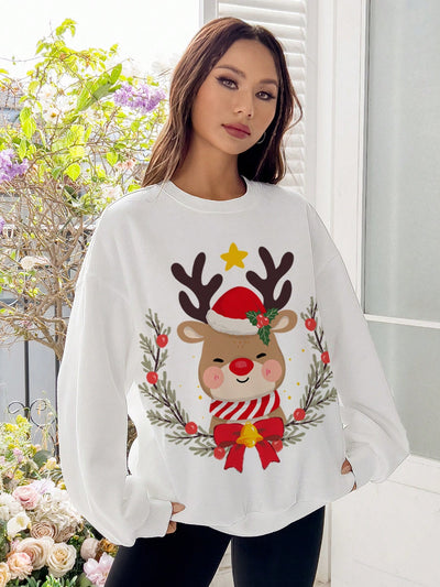 Christmas Deer Pattern Drop Shoulder Sweatshirt: Embrace the Festive Spirit in Style