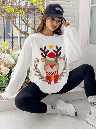 Christmas Deer Pattern Drop Shoulder Sweatshirt: Embrace the Festive Spirit in Style