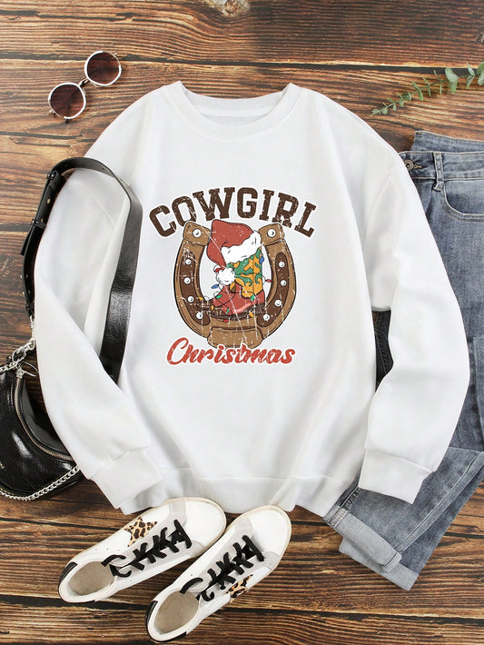 Stay warm and cozy this holiday season with our Festive Comfort Thermal-Lined Sweatshirt. Featuring a playful Christmas and Cow Girl letter print, this sweatshirt is both festive and fashionable. The thermal lining will keep you warm while the stylish design adds a touch of holiday cheer to your wardrobe. Get yours today!