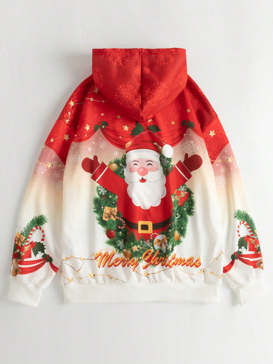 Cozy Christmas: Festive Print Drop Shoulder Hoodie for a Stylish Winter