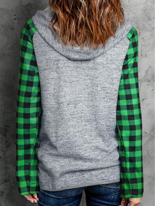 Cozy Christmas Vibes: Snowman Plaid Print Raglan Sleeve Drawstring Hoodie