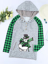 Cozy Christmas Vibes: Snowman Plaid Print Raglan Sleeve Drawstring Hoodie