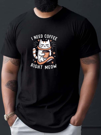 Cute and Quirky: Coffee Cat Cartoon Pattern Men's Casual Daily T-Shirt for Summer- Outdoor Gear & Apparel