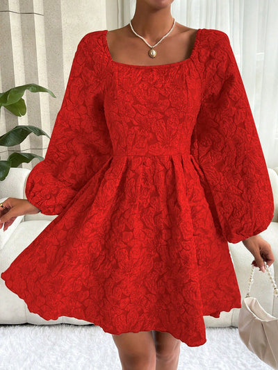 Chic and Elegant: Jacquard Square Neck Lantern Sleeve Dress