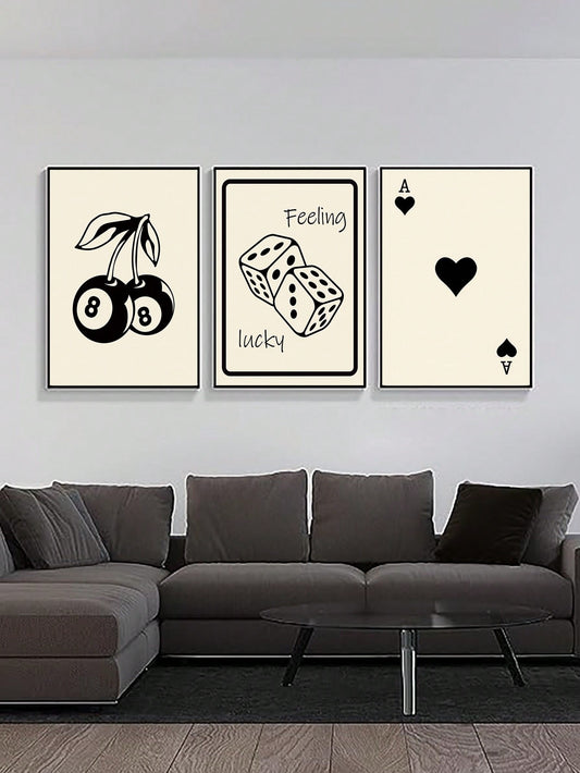 Add some flair to your living room or bedroom with our Black and White Dice Hearts Cherry Posters! This set of 3 art prints on waterproof canvas will surely catch the eye and add a touch of sophistication to your walls. Perfect for any game lover or art enthusiast.