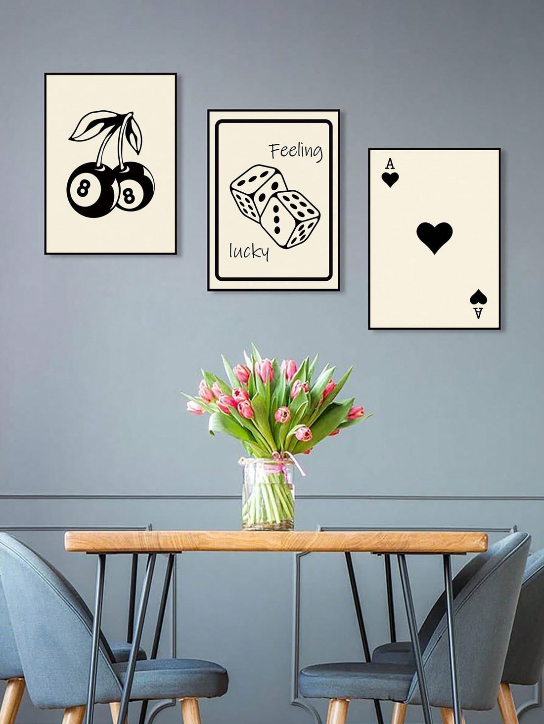 Add some flair to your living room or bedroom with our Black and White Dice Hearts Cherry Posters! This set of 3 art prints on waterproof canvas will surely catch the eye and add a touch of sophistication to your walls. Perfect for any game lover or art enthusiast.
