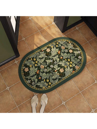Green Floral Bathroom Mat: Water Absorbent and Anti-slip with American Style, Perfect for Toilet and Floor