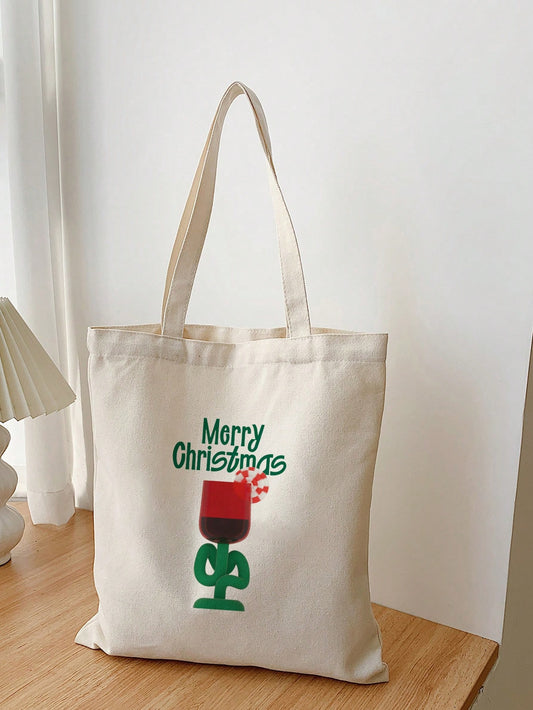 This stylish canvas tote bag is the perfect accessory for any shopping or traveling adventure. With a chic beige and green letter design, and a vibrant red wine glass pattern, this bag is both eye-catching and practical. Its spacious interior makes it ideal for carrying all your daily essentials
