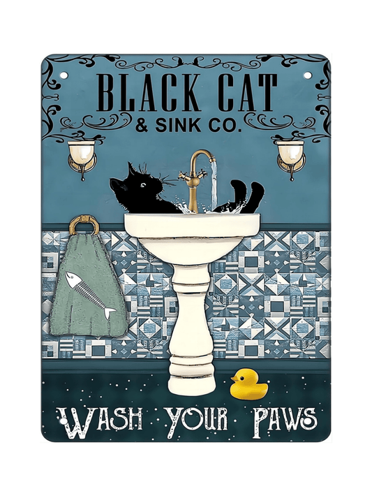 Whimsical Wash Your Paws Black Cat Metal Tin Sign - Vintage Wall Decor for Home & Cafe