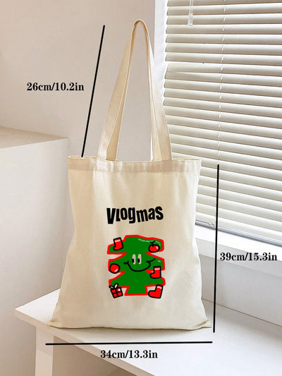 Stylish Beige Canvas Tote Bag with Charming Christmas Tree Print - Perfect for Holiday Shopping!
