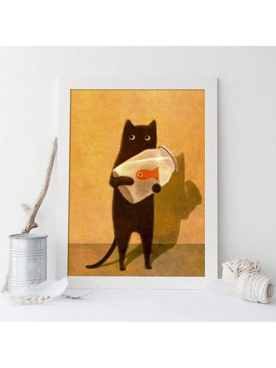 Modern Art Canvas Poster: Black Cat Scares Cat & Goldfish - Fun Graffiti Cartoon Poster for Bedroom & Living Room Decor